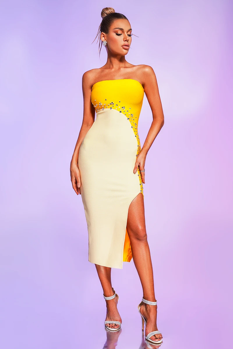Diamond Strapless sleeveless empire Waist Cocktail Party Bandage Midi Dress - Image 2
