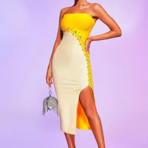 Diamond Strapless sleeveless empire Waist Cocktail Party Bandage Midi Dress