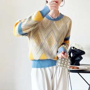 Diamond jacquard thick round neck loose wool cashmere sweater