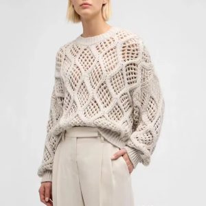 Diamond plaid hollow crochet jacquard round neck knitted wool cashmere loose cotton sweater tops