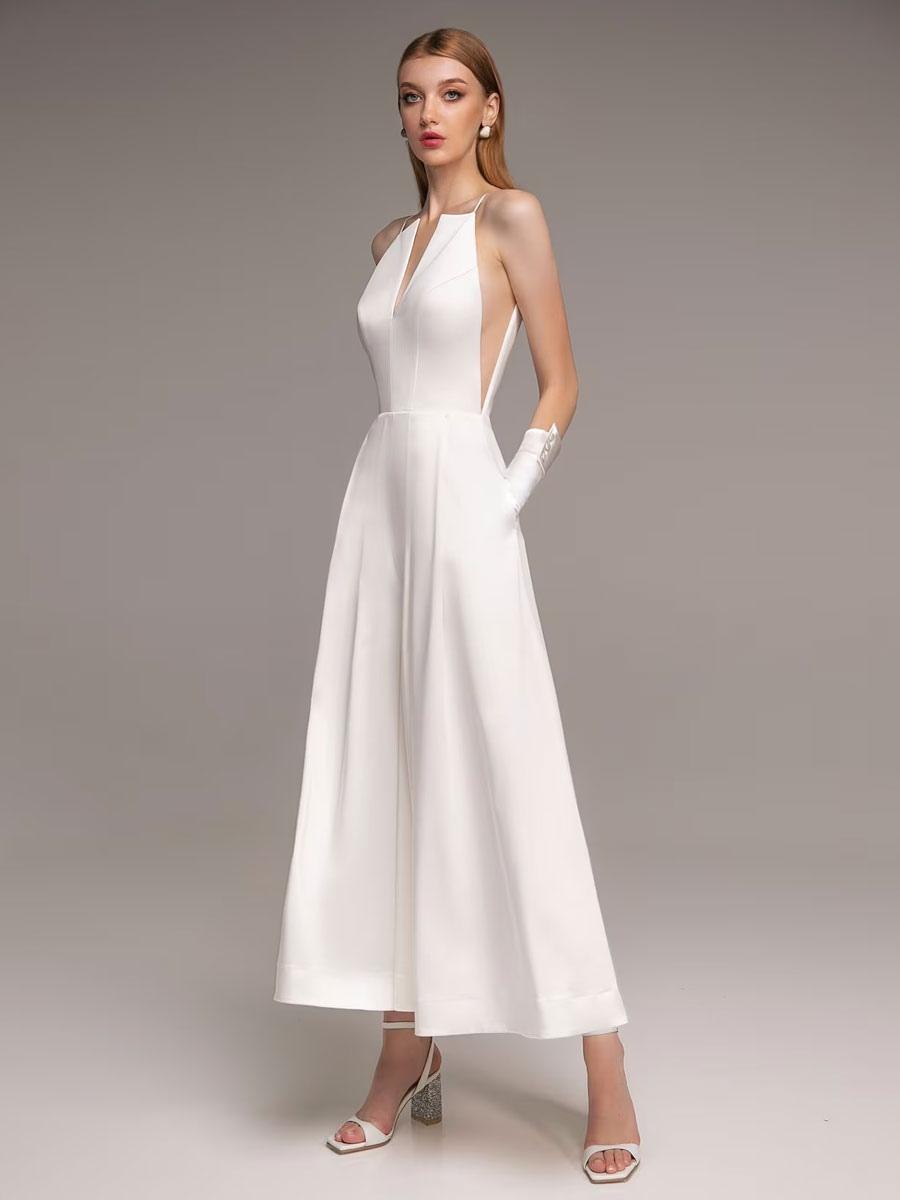 Elegant A-Line V-Neck Sleeveless Pockets Natural Waist Ankle-Length Wedding Jumpsuit