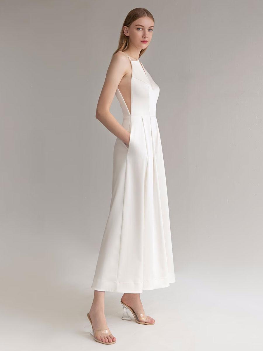 Elegant A-Line V-Neck Sleeveless Pockets Natural Waist Ankle-Length Wedding Jumpsuit - Image 5