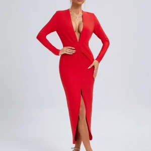 Elegant Deep V Neck Long Sleeve Folds Evening Party Club Bandage Bodycon Long Dresses