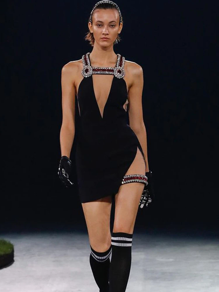 Elegant Deep V Neck Sleeveless Diamond Cutout Design Bodycon Bandage Mini Dress - Image 2