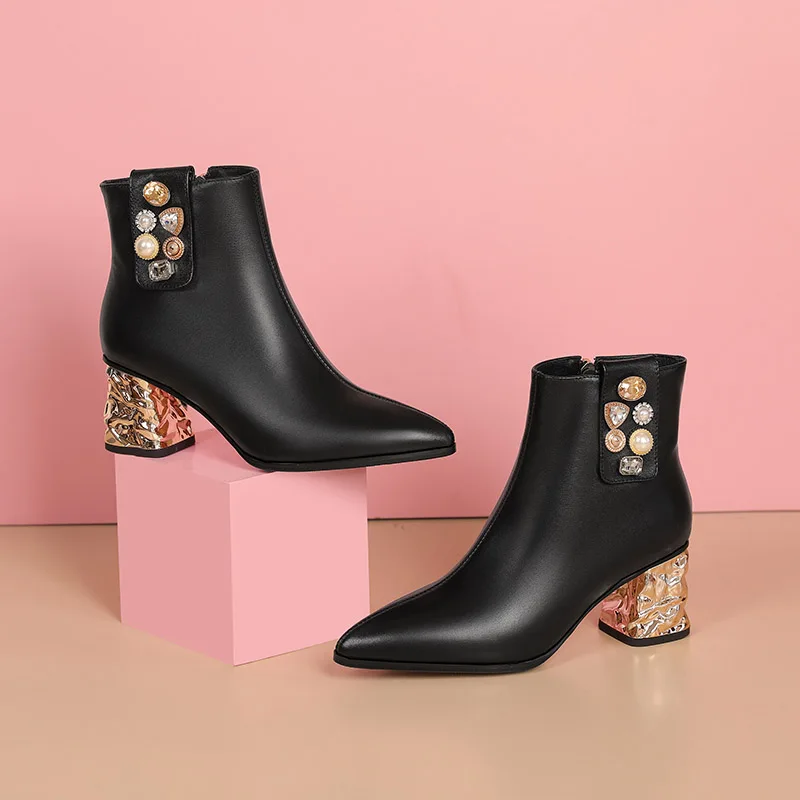 Elegant Electroplated crystal decoration Genuine leather high heel Ankle boot - Image 4