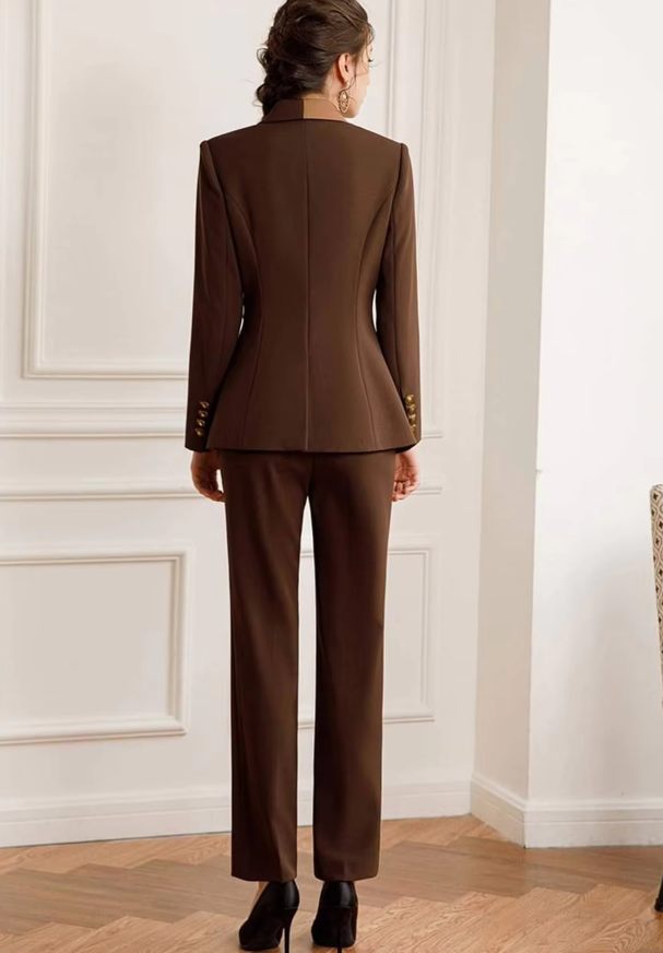 Elegant Formal Double Breasted Peak Lapel Business Blazer Office Lady Slim Fit 2 Piece Suits - Image 5