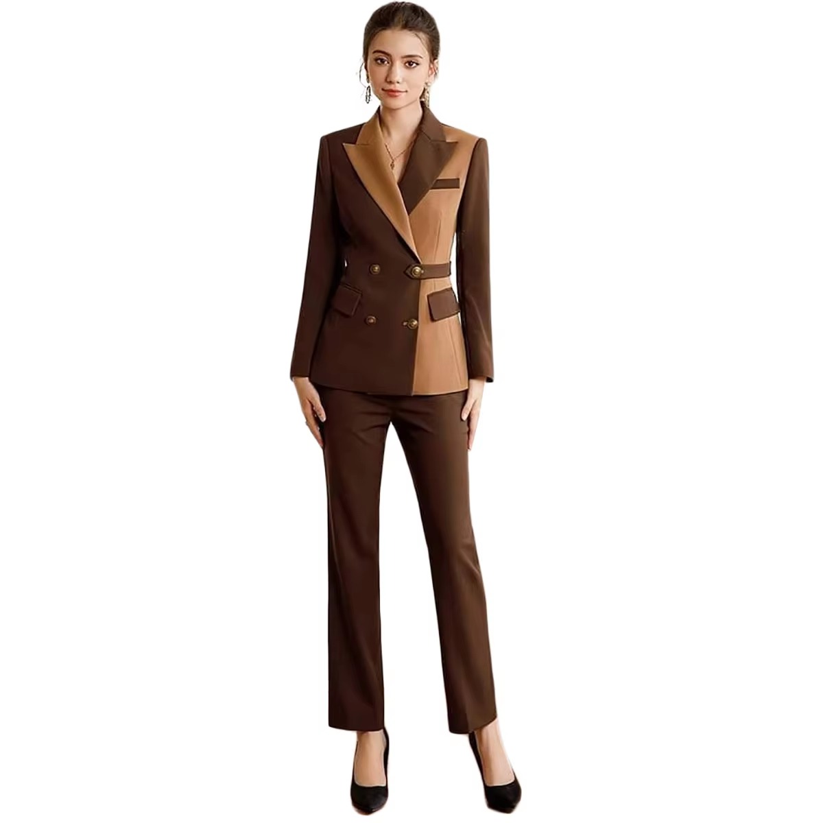 Elegant Formal Double Breasted Peak Lapel Business Blazer Office Lady Slim Fit 2 Piece Suits - Image 4