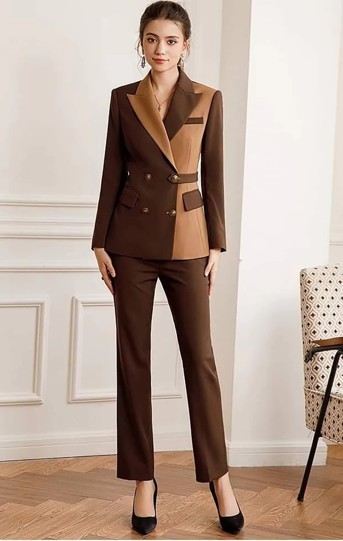 Elegant Formal Double Breasted Peak Lapel Business Blazer Office Lady Slim Fit 2 Piece Suits