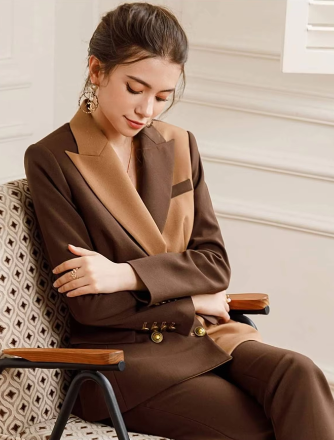 Elegant Formal Double Breasted Peak Lapel Business Blazer Office Lady Slim Fit 2 Piece Suits - Image 3