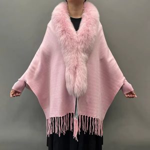 Elegant Fox Fur Collar With Tassels Shawls Knitted Street wear Poncho Capes