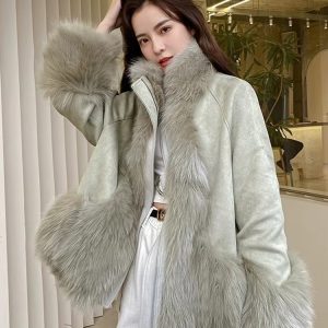 Elegant Fox Fur Grass Full Sleeve Patchwork Pockets Design High Street Coats