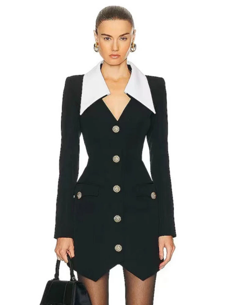Elegant Lapel Long Sleeve Buttons Parchwork Single Breasted Bodycon Bandage Mini Dresses