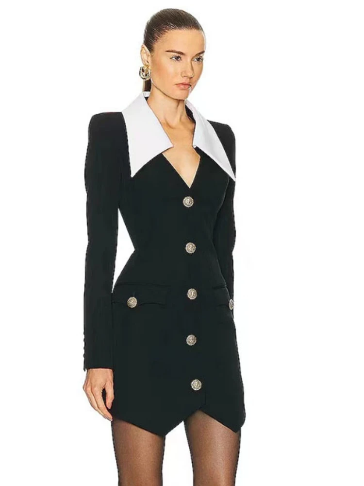 Elegant Lapel Long Sleeve Buttons Parchwork Single Breasted Bodycon Bandage Mini Dresses - Image 2