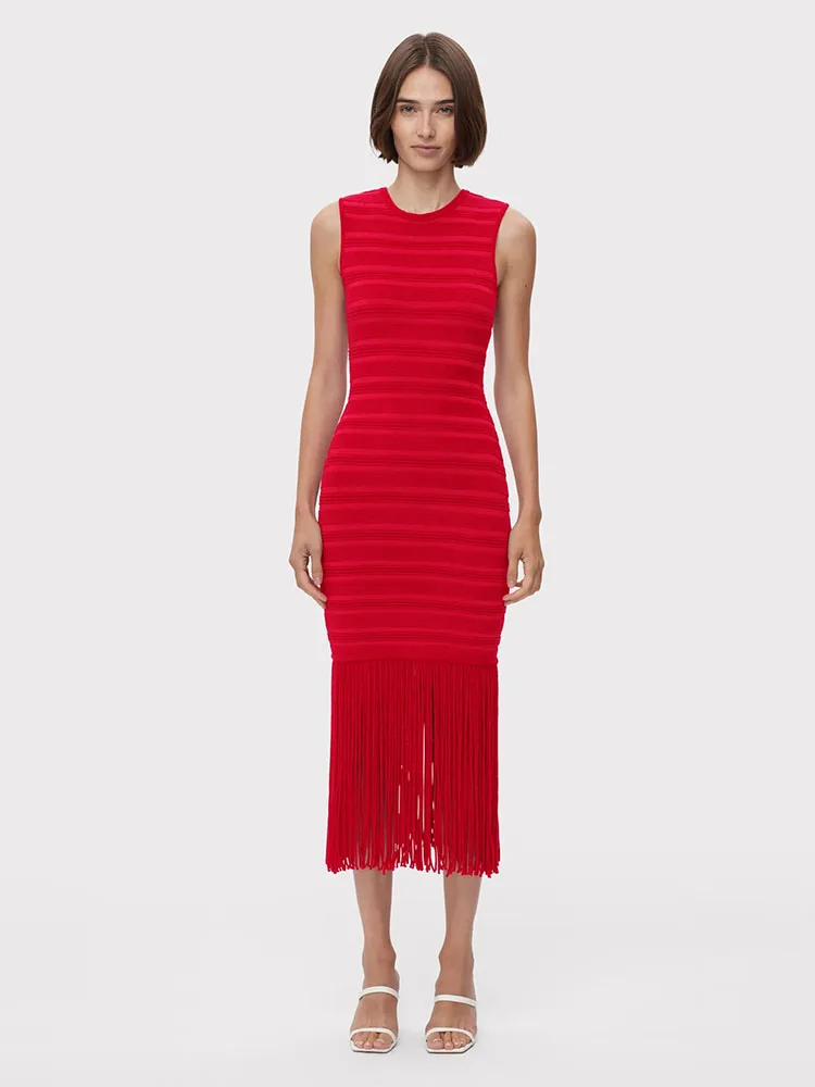 Elegant O Neck Stripe Transparent Patchwork Sleeveless Tassel Evening Party Bandage Bodycon Dress