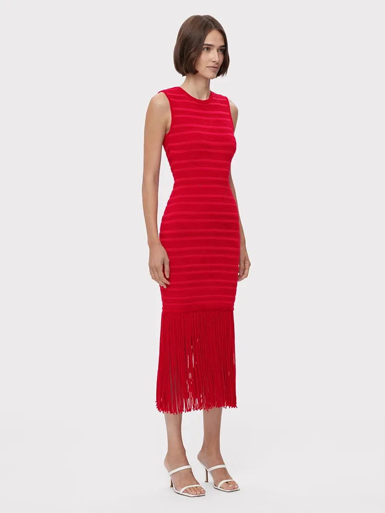 Elegant O Neck Stripe Transparent Patchwork Sleeveless Tassel Evening Party Bandage Bodycon Dress - Image 2