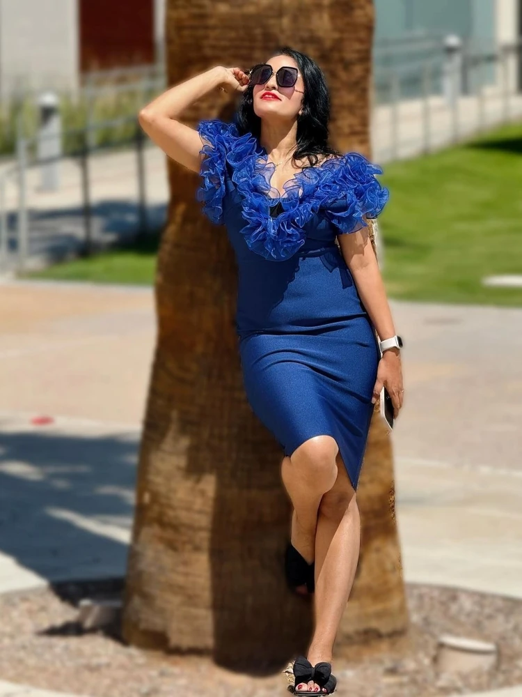 Elegant Off Shoulder Mesh Ruffled Nightclub Evening Party Bandage Bodycon Dresses - Image 3