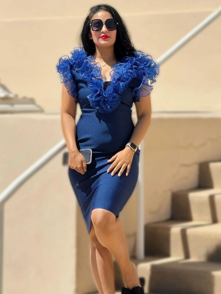 Elegant Off Shoulder Mesh Ruffled Nightclub Evening Party Bandage Bodycon Dresses - Image 2