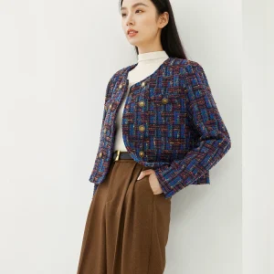 Elegant Full Sleeve Contrast Plaid Double Breasted Short Woolen Outerwear Coat