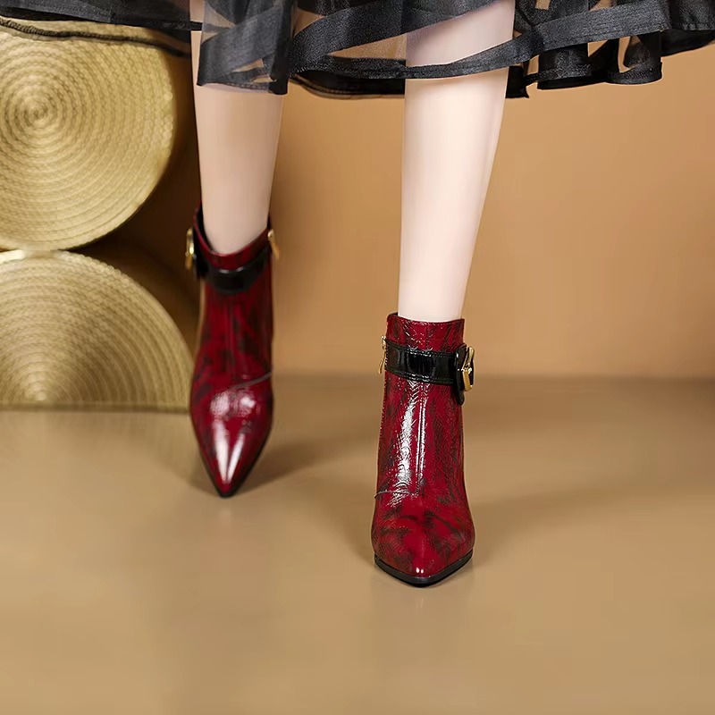Elegant Pointed toe real leather short high heels Ankle office lady boot