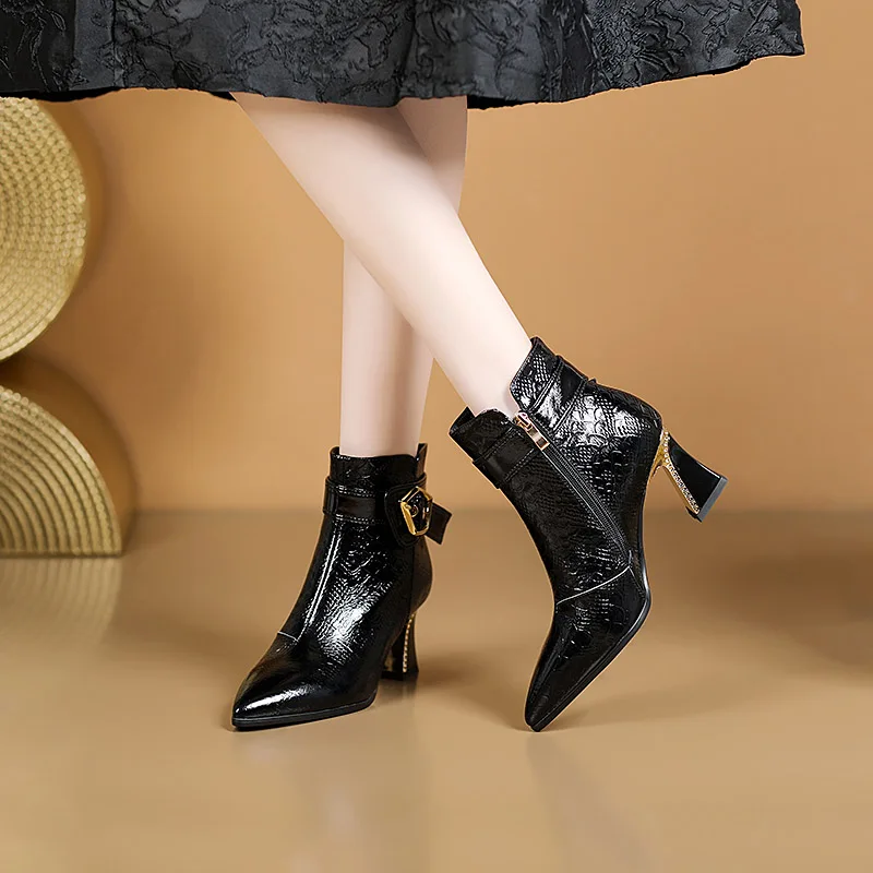 Elegant Pointed toe real leather short high heels Ankle office lady boot - Image 6