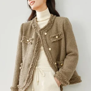 Elegant Single Breasted Quilted Tweed Wool Blend Tassel Long Sleeve Outerwear Sweater