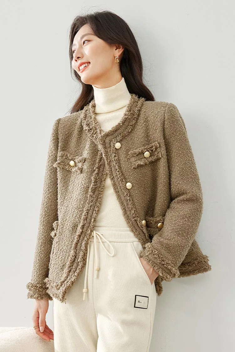 Elegant Single Breasted Quilted Tweed Wool Blend Tassel Long Sleeve Outerwear Sweater