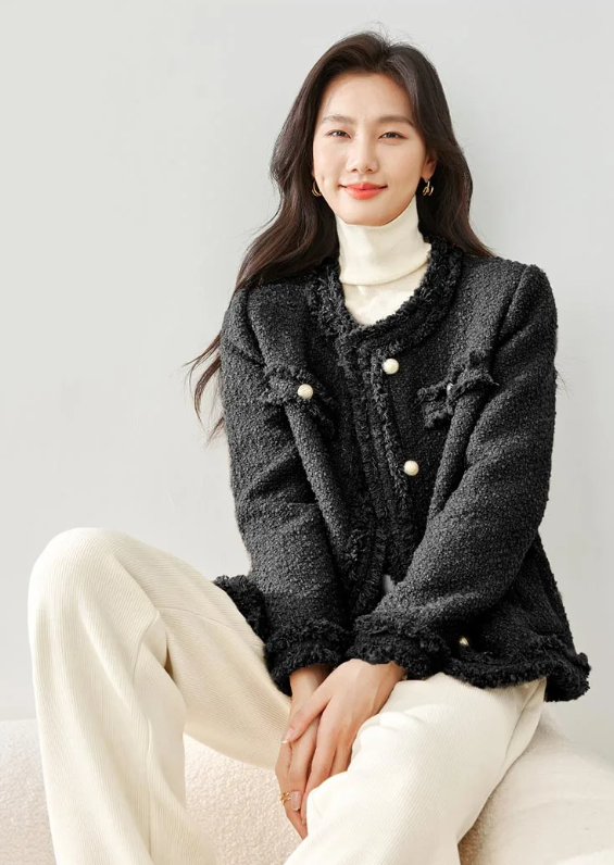 Elegant Single Breasted Quilted Tweed Wool Blend Tassel Long Sleeve Outerwear Sweater - Image 5