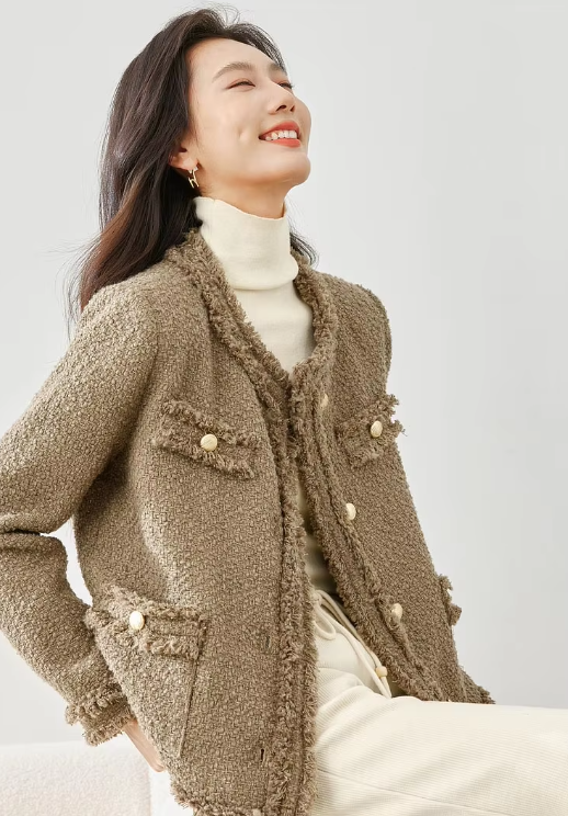 Elegant Single Breasted Quilted Tweed Wool Blend Tassel Long Sleeve Outerwear Sweater - Image 4