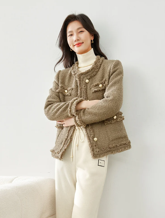 Elegant Single Breasted Quilted Tweed Wool Blend Tassel Long Sleeve Outerwear Sweater - Image 2