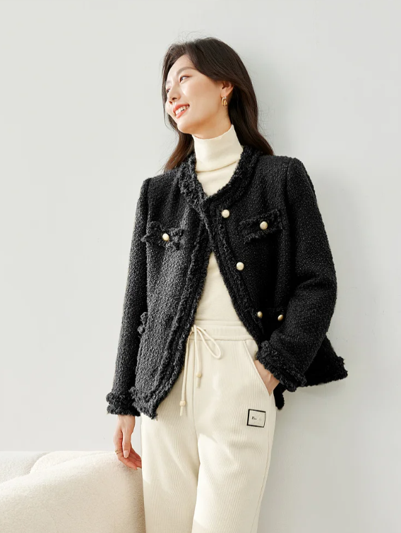 Elegant Single Breasted Quilted Tweed Wool Blend Tassel Long Sleeve Outerwear Sweater - Image 6
