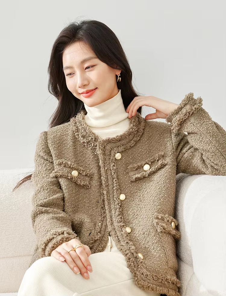 Elegant Single Breasted Quilted Tweed Wool Blend Tassel Long Sleeve Outerwear Sweater - Image 3