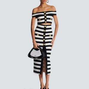Elegant Slash Neck Striped Button zipper Office Lady 2 Pieces Bodycon Bandage Mid-calf Dress