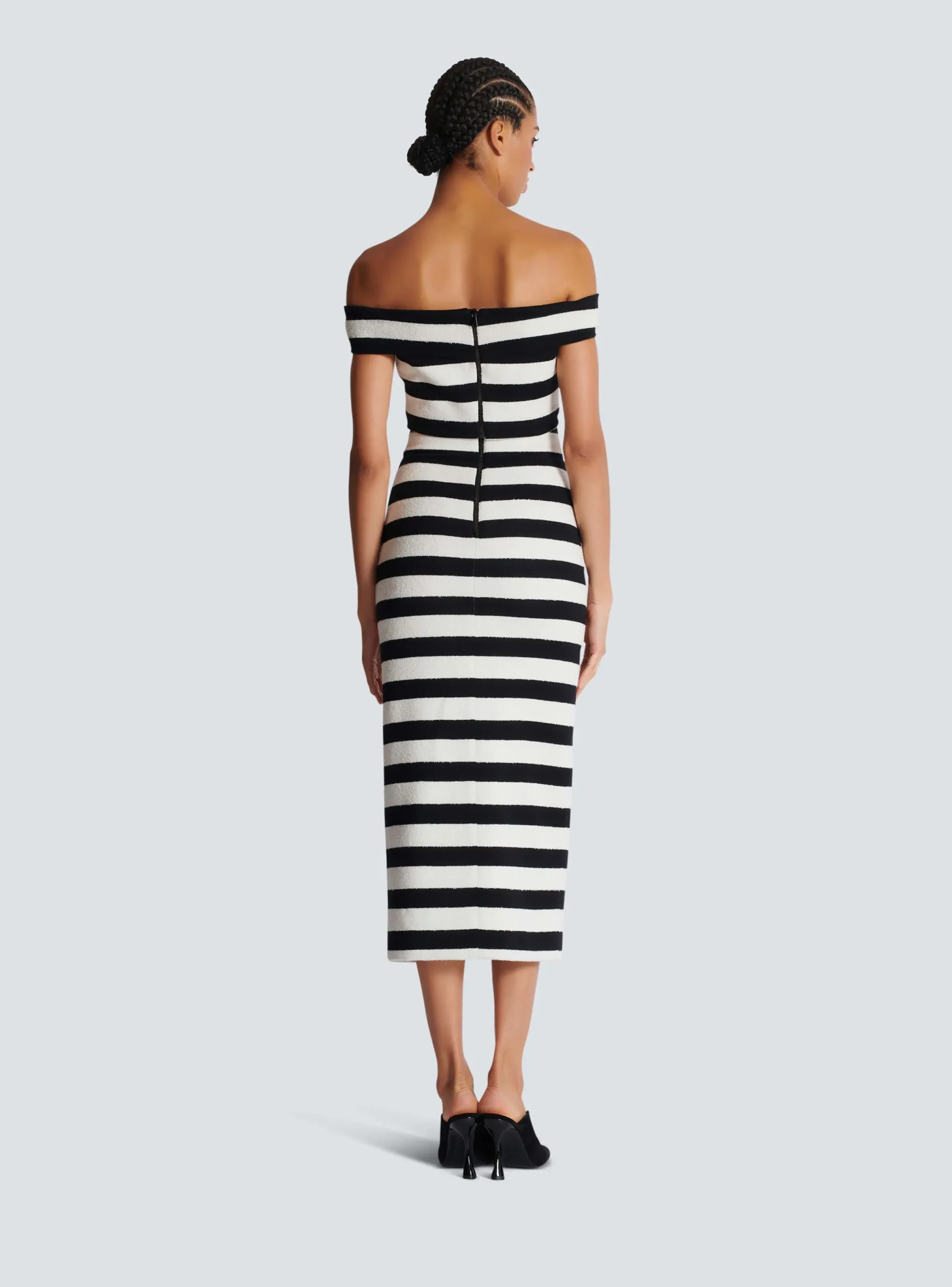 Elegant Slash Neck Striped Button zipper Office Lady 2 Pieces Bodycon Bandage Mid-calf Dress - Image 6