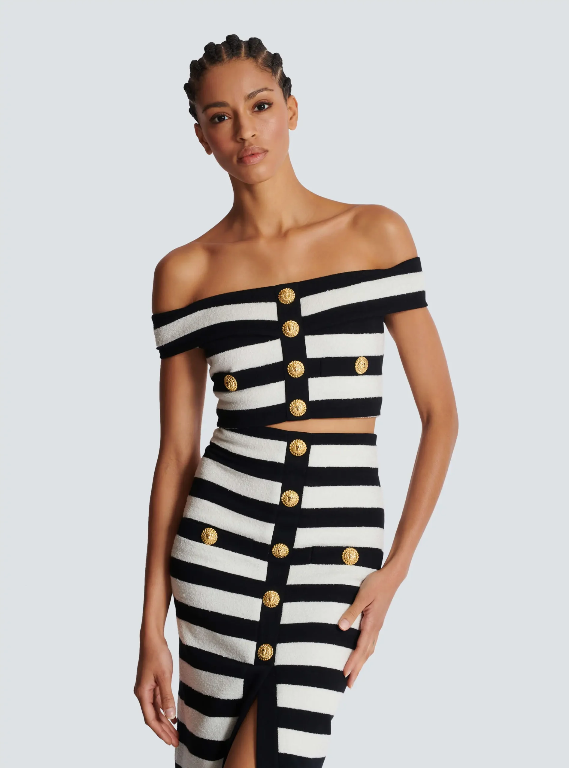Elegant Slash Neck Striped Button zipper Office Lady 2 Pieces Bodycon Bandage Mid-calf Dress - Image 2