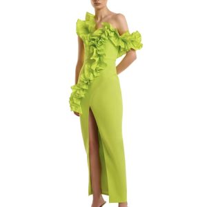 Elegant Solid Patchwork One Shoulder Evening Birthday Party Bodycon Bandage Long Dress