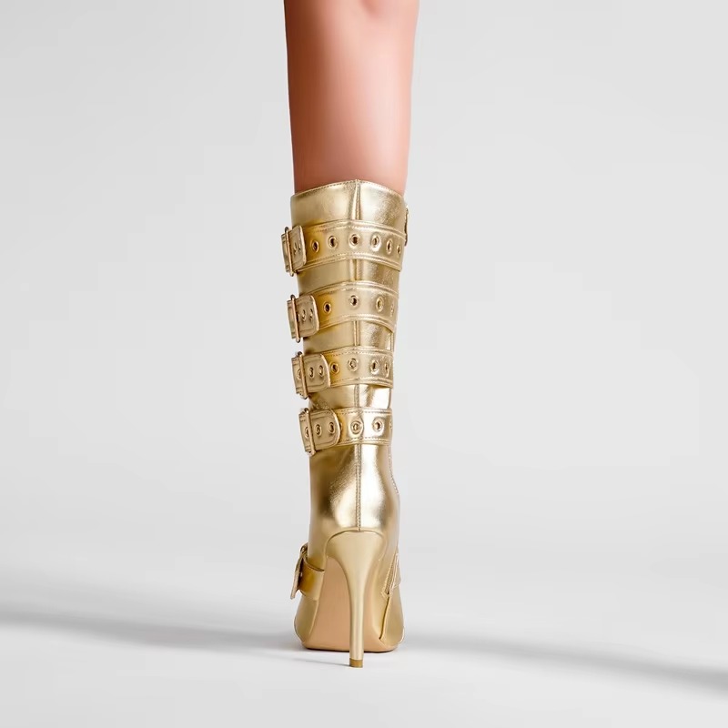 Elegant Solid Pointed Belt Buckle microfiber Party Club High Heel Tube Boots - Image 4