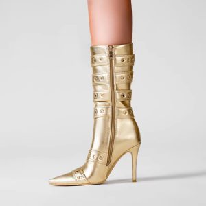 Elegant Solid Pointed Belt Buckle microfiber Party Club High Heel Tube Boots