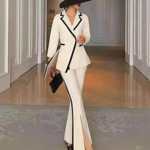 Elegant Split Double Breasted Flare Pants Patchwork Office Lady Coat Jacket Two Pieces Suits