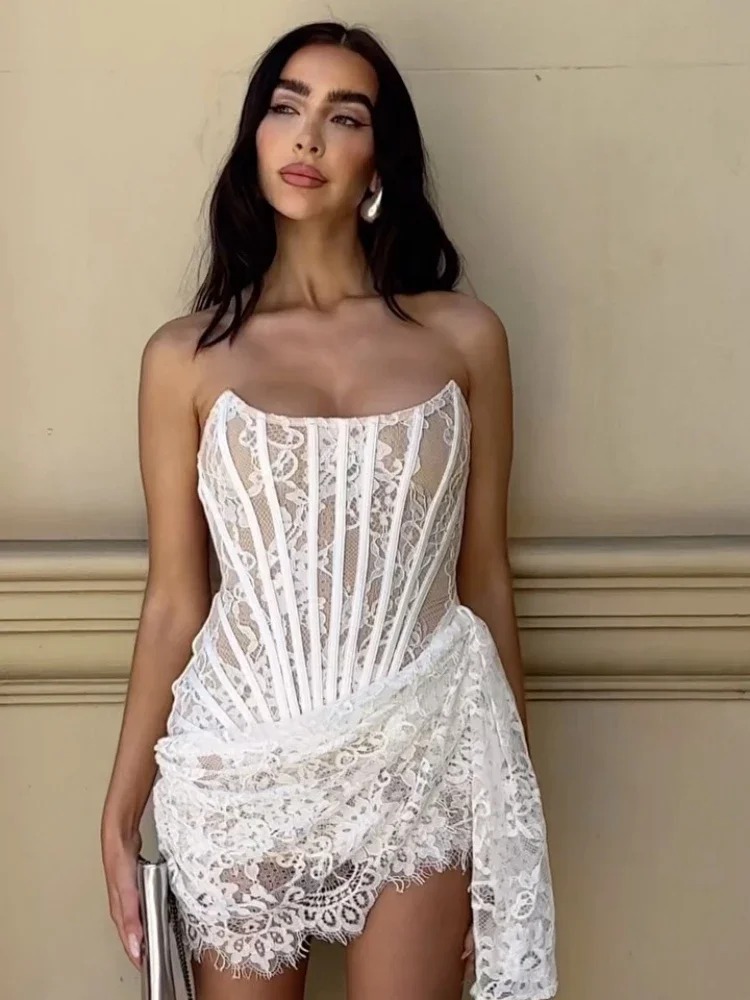 Elegant Strapless Lace Lace-Up Draped Corset Bodycon Mini Dress - Image 6