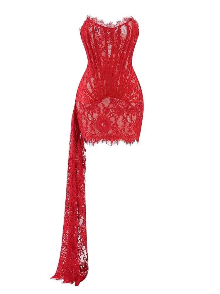 Elegant Strapless Lace Lace-Up Draped Corset Bodycon Mini Dress - Image 13