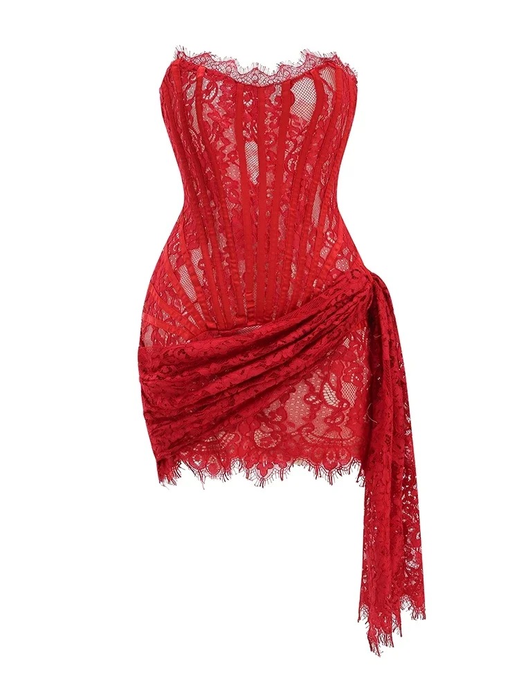 Elegant Strapless Lace Lace-Up Draped Corset Bodycon Mini Dress - Image 14