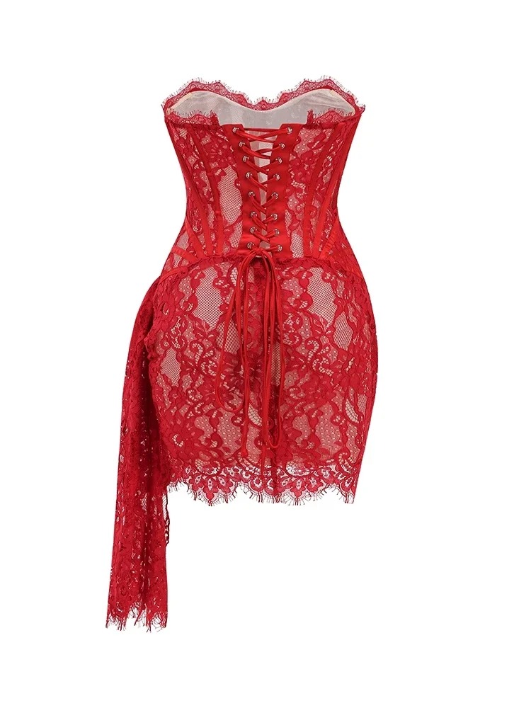 Elegant Strapless Lace Lace-Up Draped Corset Bodycon Mini Dress - Image 15