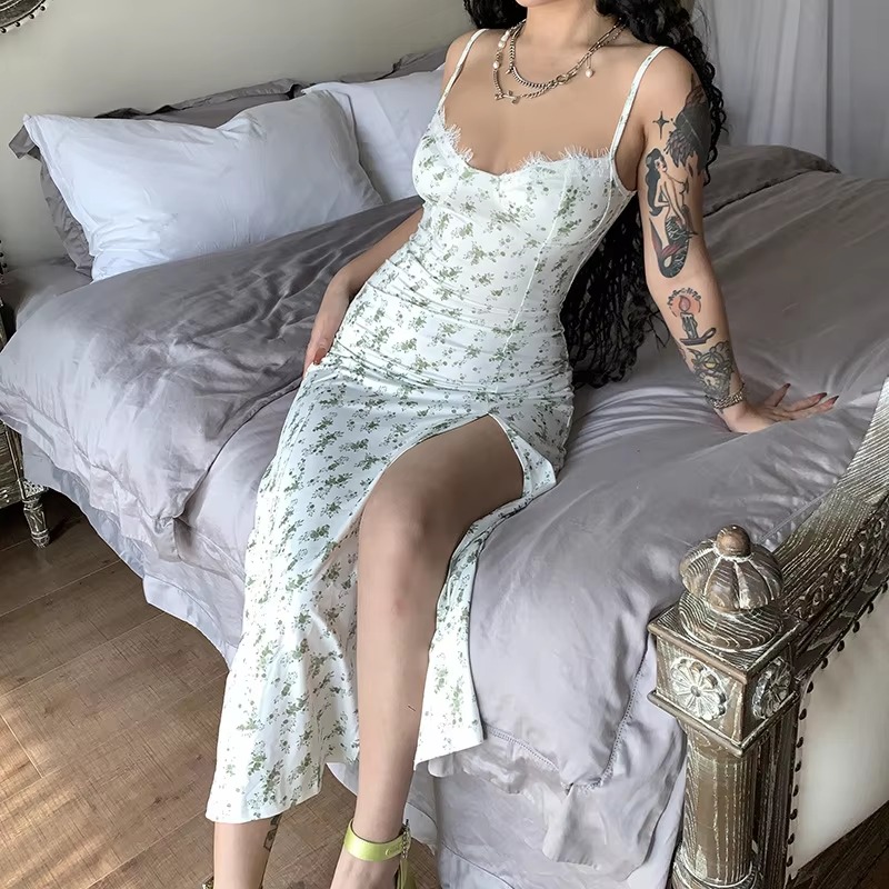 Elegant V Neck Spaghetti Strap Split Floral Print Party Bodycon Maxi Dress - Image 5