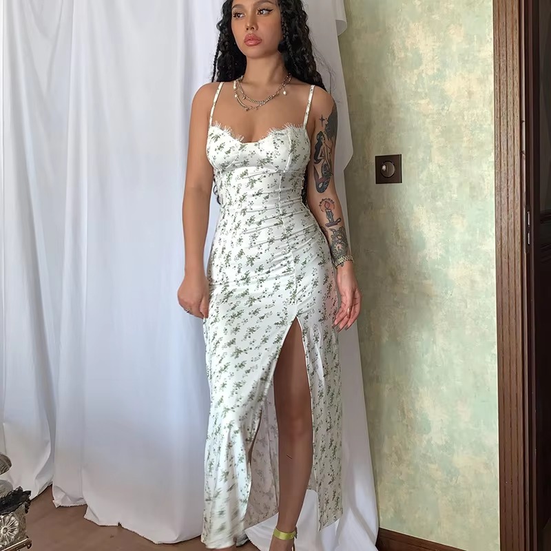 Elegant V Neck Spaghetti Strap Split Floral Print Party Bodycon Maxi Dress - Image 2