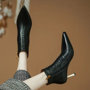 Elegant cow leather pointed toe side zip ankle slim thin high heel shoes