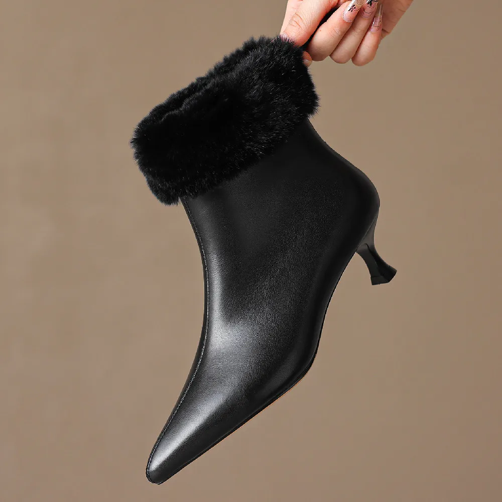 Elegant cow leather rabbit fur pointed toe side zip high quality kitten heel shoe - Image 15
