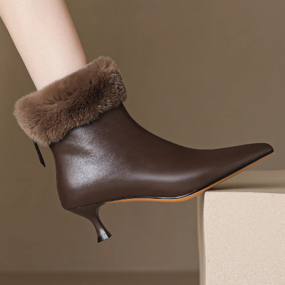 Elegant cow leather rabbit fur pointed toe side zip high quality kitten heel shoe - Image 7