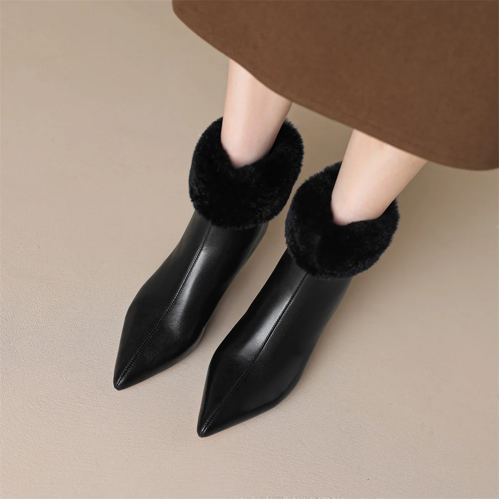 Elegant cow leather rabbit fur pointed toe side zip high quality kitten heel shoe - Image 12