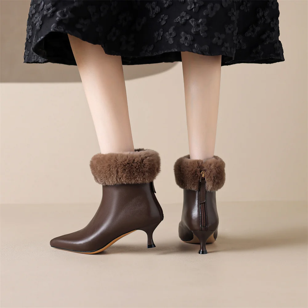 Elegant cow leather rabbit fur pointed toe side zip high quality kitten heel shoe - Image 9