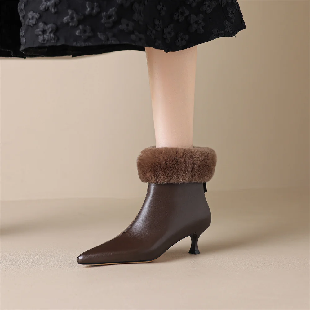 Elegant cow leather rabbit fur pointed toe side zip high quality kitten heel shoe - Image 6